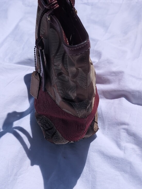 Coach Brown and Burgundy Signature Canvas Tote with Leather Trim